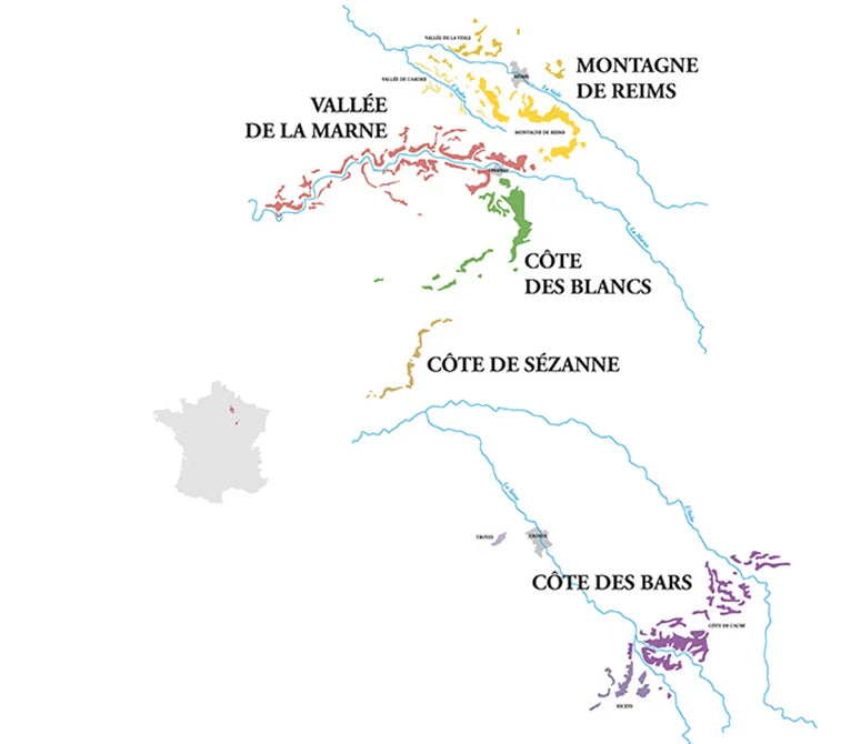 Illustrated map of Champagne, France highlighting major Champagne-producing sub-regions