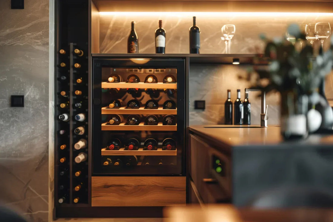 A collection of wine stored in a wine fridge in the bar at a home
