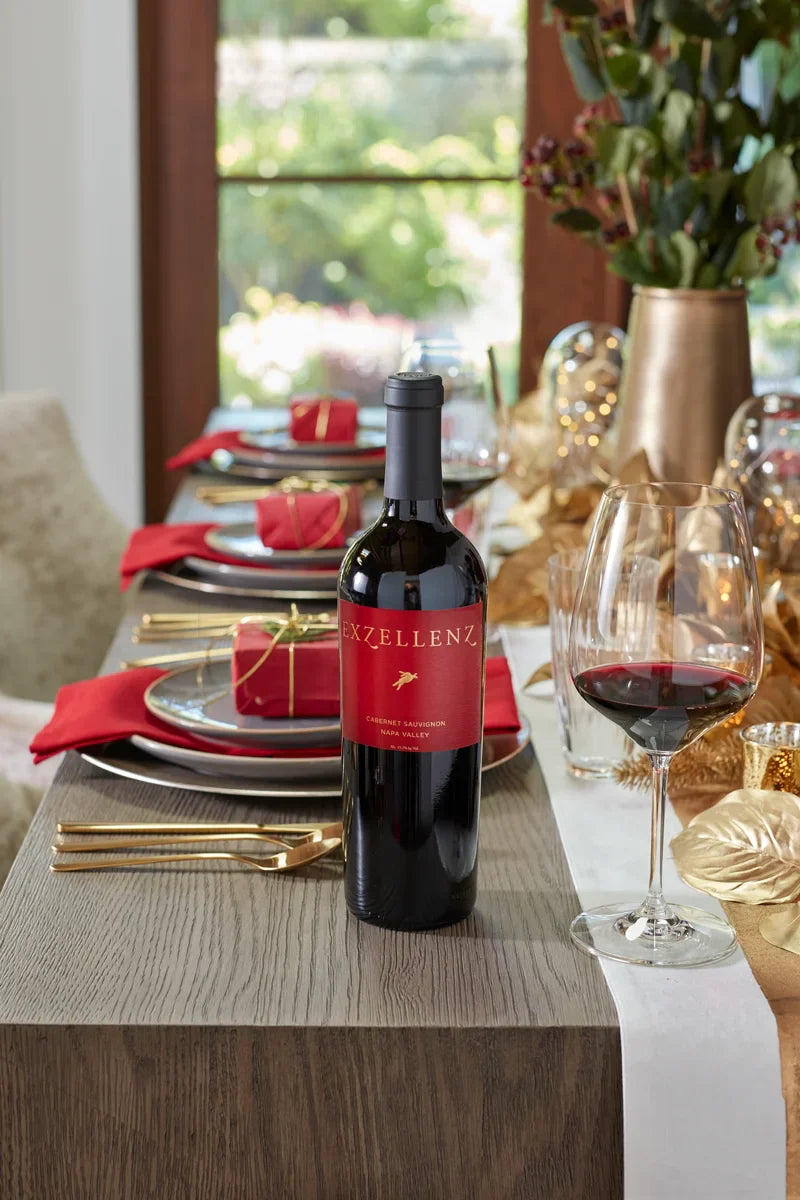 2019 HALL Exzellenz Cabernet Sauvignon on elegantly set dining table for dinner party