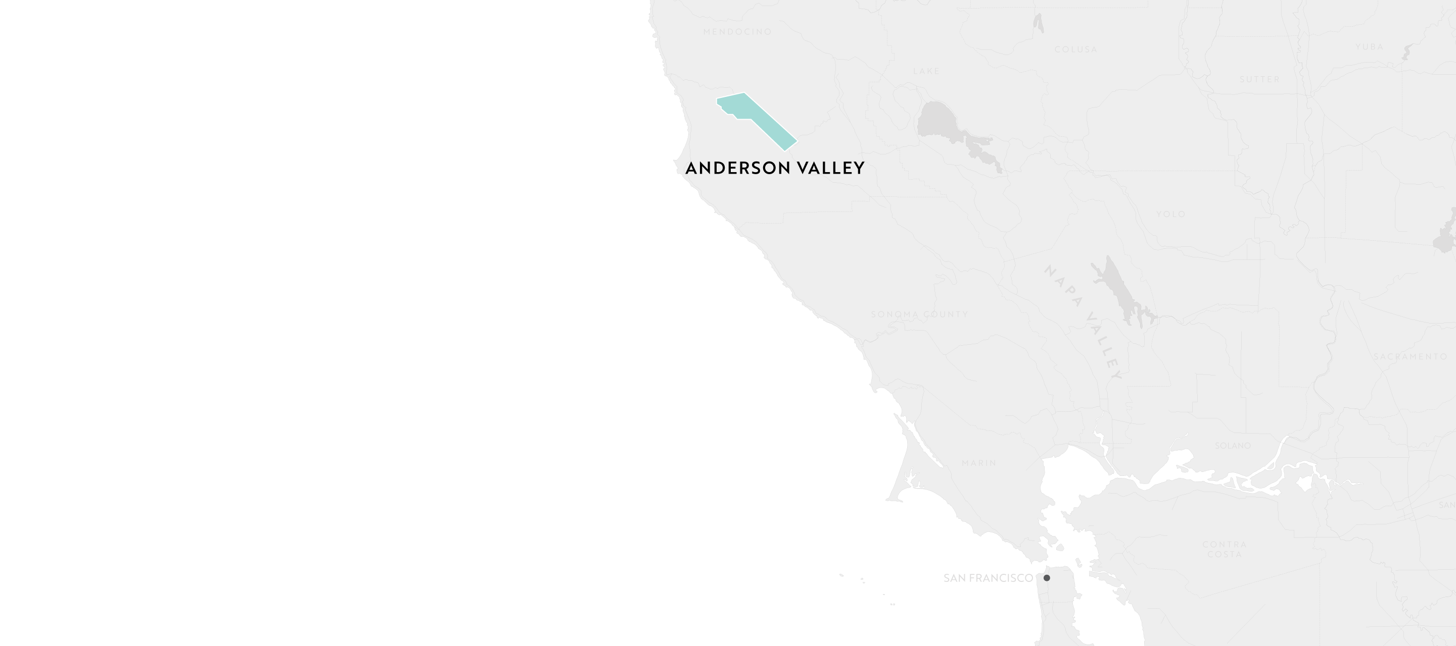 Map showcasing the Anderson Vallsy  Wine Appellation of California