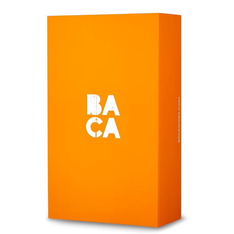 Image of a 2 bottle orange BACA branded wine gift box