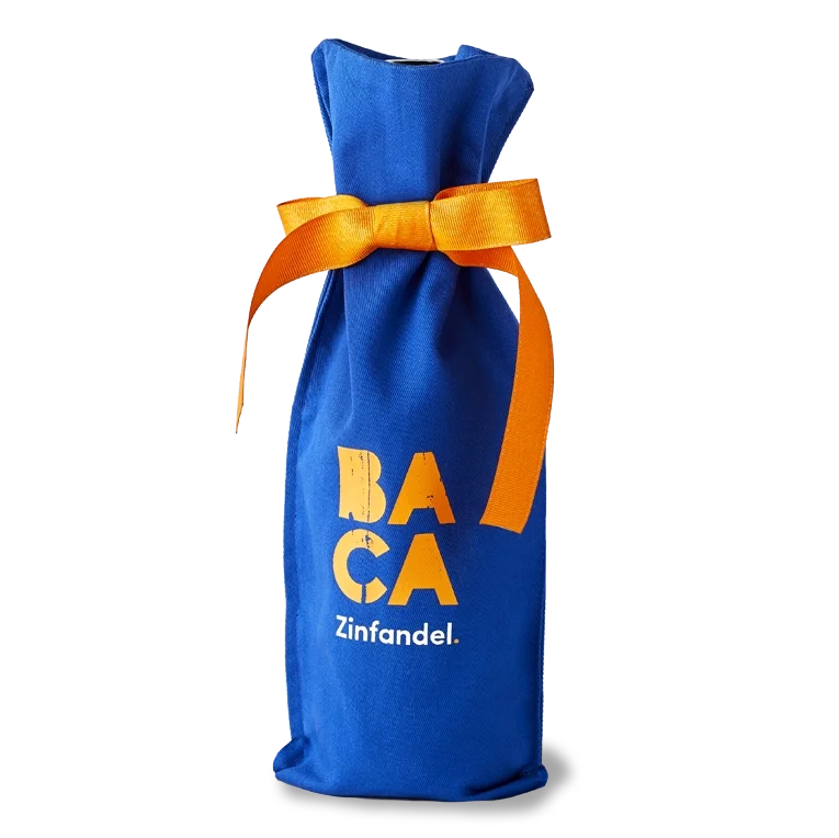 Image of blue cloth gift bag with orange BACA branding
