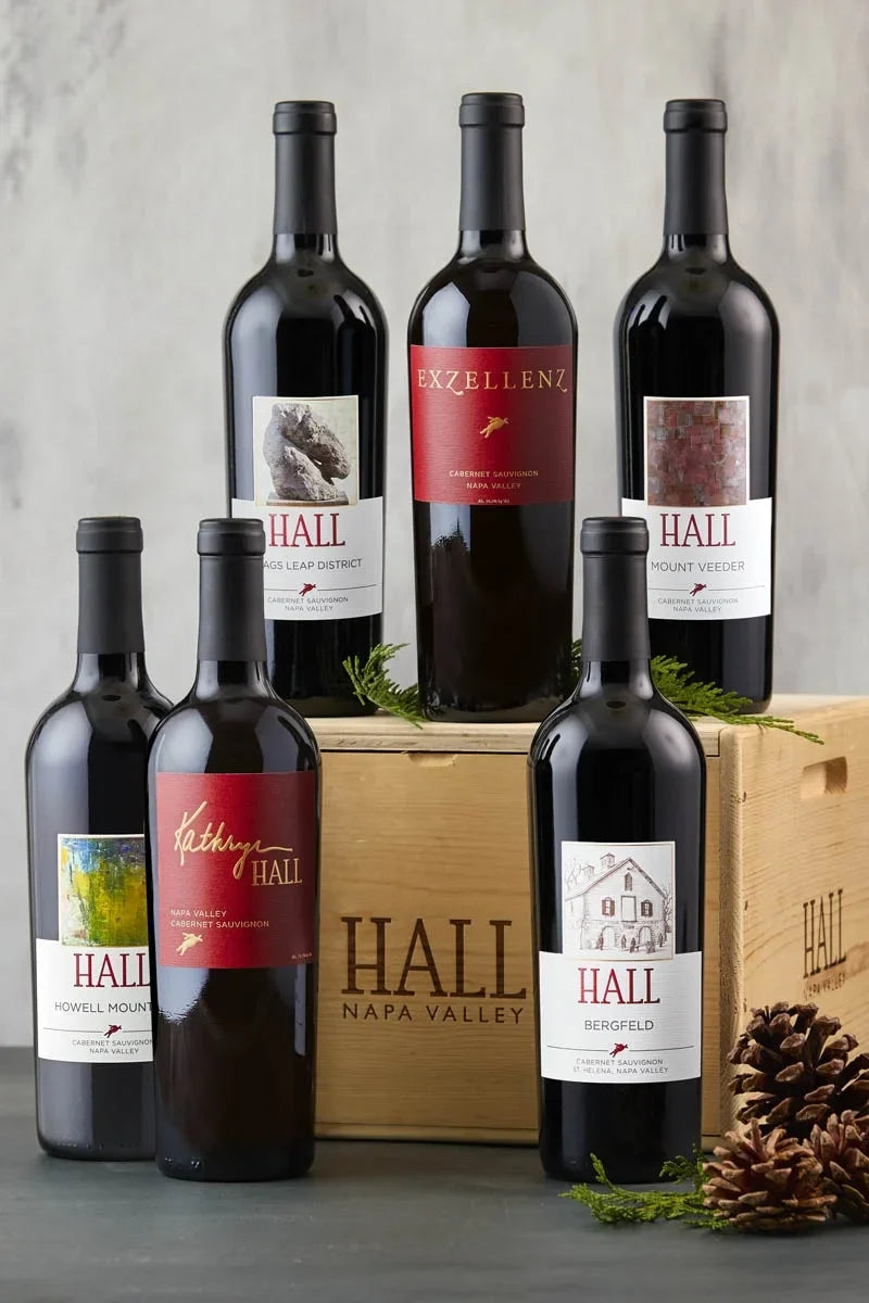 Image of the HALL Ultimate Cabernet Collectors Gift Set including 6 bottles of HALL's premium Napa Valley Cabernet and a wooden collectors box.