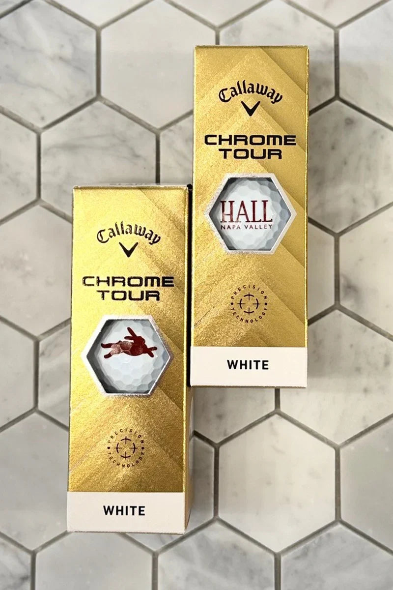 Callaway Chrome Tour golf balls featuring HALL Napa Valley and Bunny Foo Foo logos in gold ball sleeves