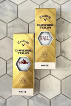 Callaway Chrome Tour golf balls featuring HALL Napa Valley and Bunny Foo Foo logos in gold ball sleeves