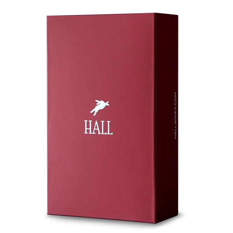 Image of a red HALL branded 2 bottle wine box.