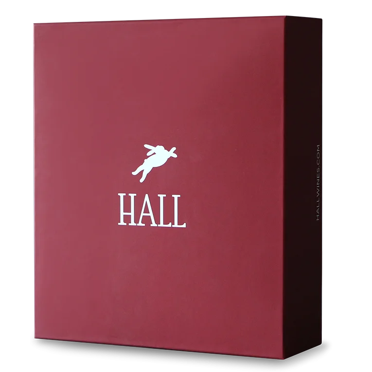 Image of a Red HALL branded 3 bottle wine box.