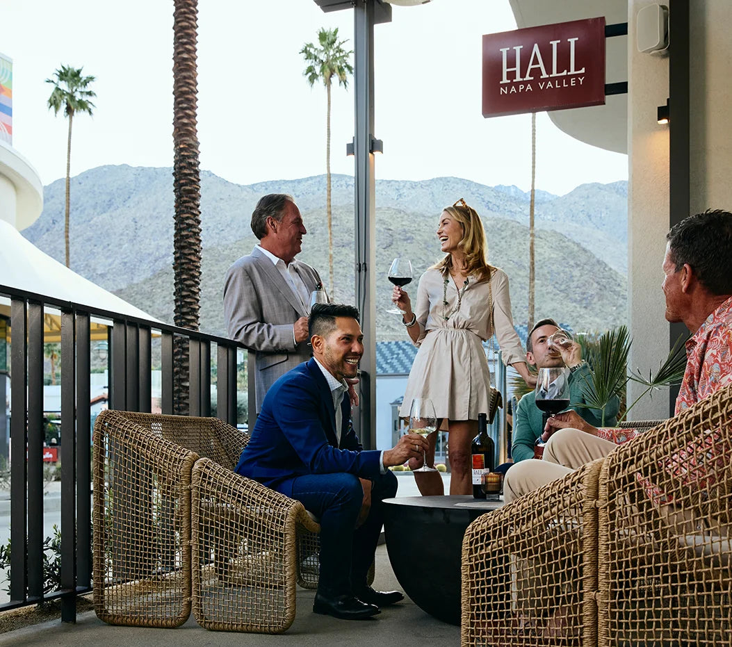 A group of friends enjoys wine on a modern terrace at HALL Palm Springs, featuring wicker lounge seating, mountain views, and desert palm trees.