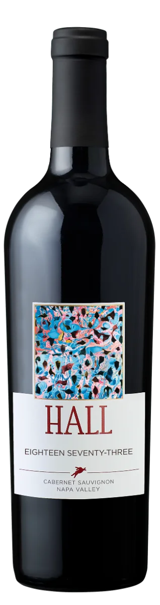 Bottle image of 2021 HALL Eighteen Seventy-Three Cabernet Sauvignon against a white background.